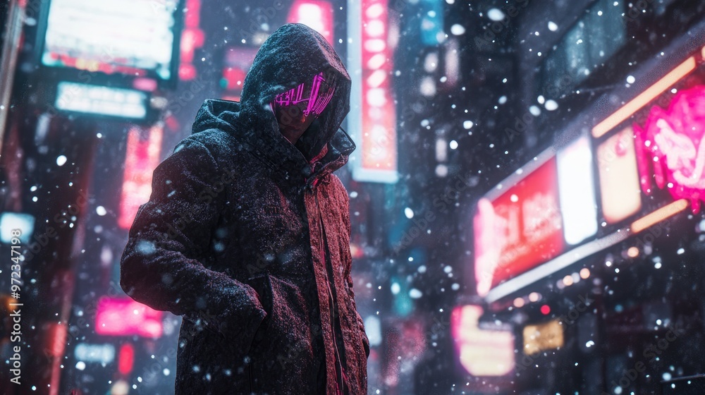 Fototapeta premium A hooded figure stands in a snowy city street at night, illuminated by neon signs.