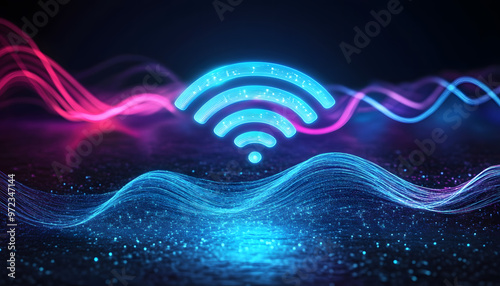 Creative digital wifi and radio waves on dark background.Digital signal science concept. 