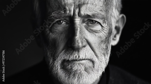 Black and white portrait of a serious older man with a beard and wrinkles.