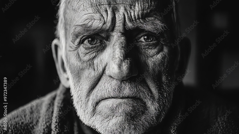Close-up black and white portrait of an elderly man with a serious expression. Close-up black and white portrait of an elderly man with a serious expression.