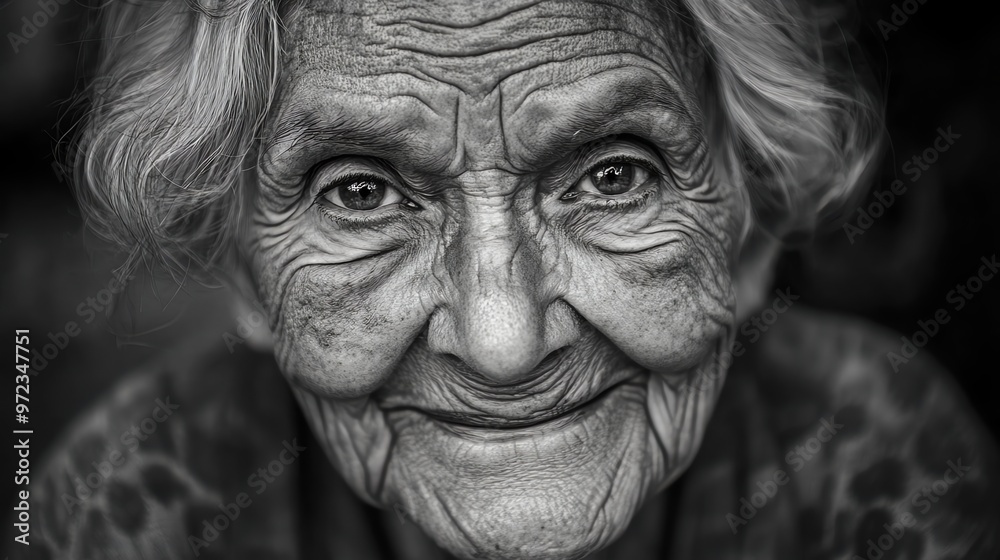 Close up of an elderly woman with a kind smile and wrinkles. Close up of an elderly woman with a kind smile and wrinkles.