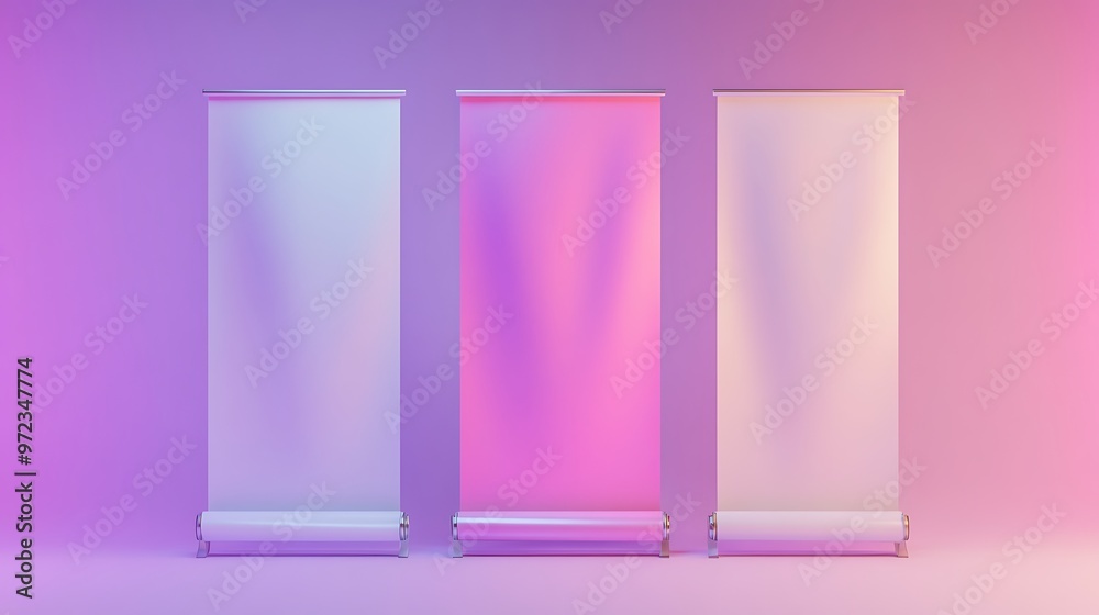 Blank Roll Up Banners Mockup Pink and Purple Gradient Background Blank Roll Up Banners Mockup Pink and Purple Gradient Background