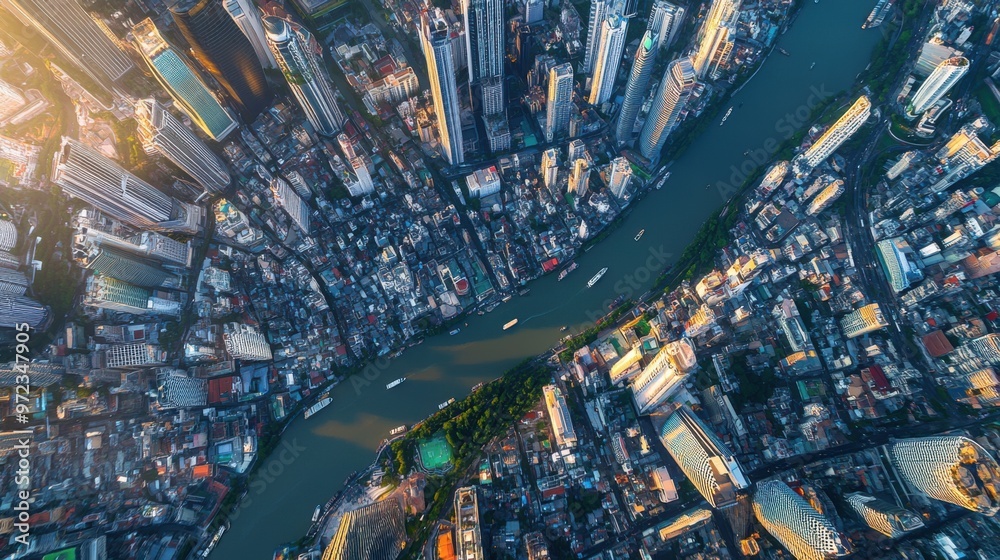 Fototapeta premium Bangkok skyline aerial shot, with skyscrapers towering over the city's intricate network