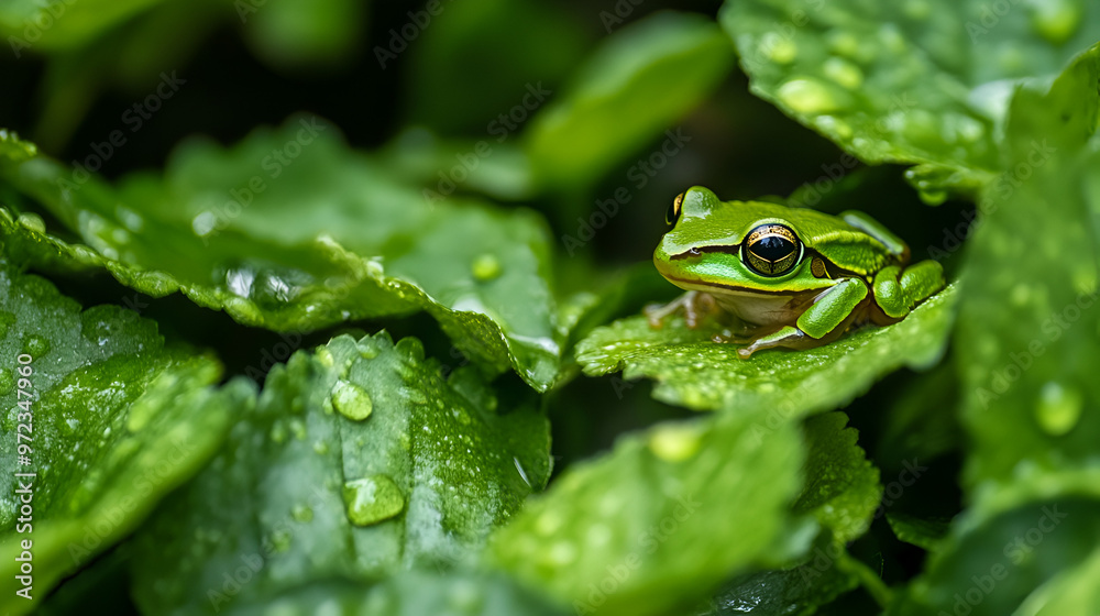A tiny vibrant frog camouflaged among lush green leaves A tiny vibrant frog camouflaged among lush green leaves