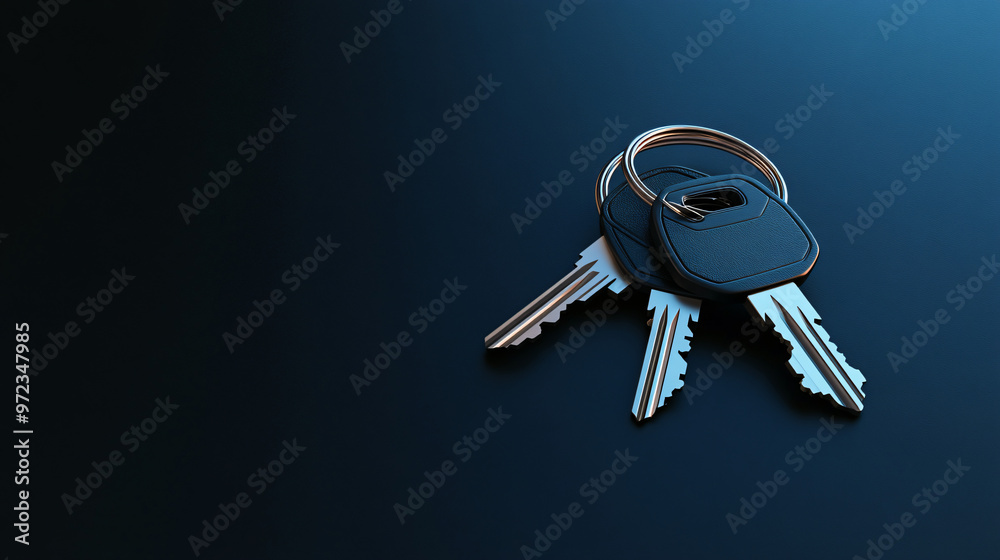 Shiny metal keys on dark blue surface symbolize security and access to new home. Close-up shot highlights importance in real estate and success, with ample copy space Shiny metal keys on dark blue surface symbolize security and access to new home. Close-up shot highlights importance in real estate and success, with ample copy space