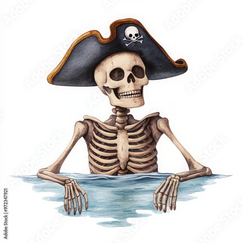 A whimsical pirate skeleton rises from water, wearing a classic tricorn hat, embodying a fun and adventurous spirit.