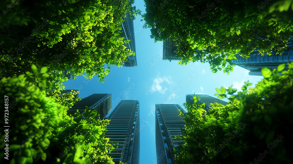 A vibrant view of skyscrapers framed by lush green foliage, showcasing the harmony between nature and urban architecture. A vibrant view of skyscrapers framed by lush green foliage, showcasing the harmony between nature and urban architecture.