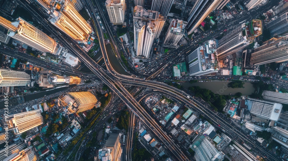 Fototapeta premium Bangkok skyline aerial shot, with skyscrapers towering over the city's intricate network