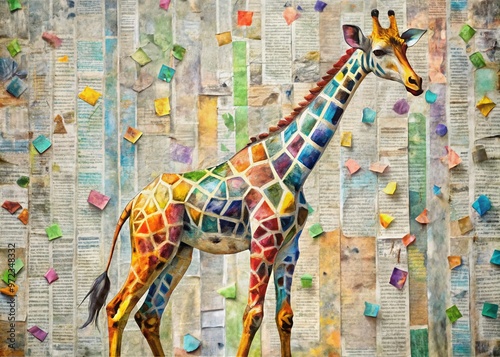 A colorful, whimsical illustration of a giraffe composed from newspaper clippings and printer's ink, blending natural photo