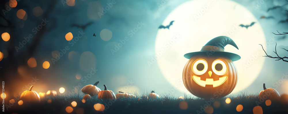 Fototapeta premium A whimsical Halloween scene featuring a smiling pumpkin wearing a hat, with bats flying against a glowing full moon.