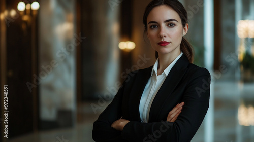 Confident businesswoman in a formal suit pairs elegance with professionalism in an upscale office lobby during the day