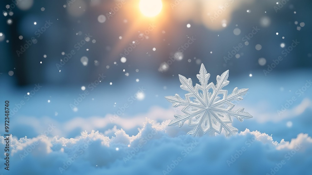 Naklejka premium Snowflake on snow, close-up, with bokeh effect - winter fairy tale, Christmas holiday background, frosty morning, sparkling snowflakes, magical atmosphere