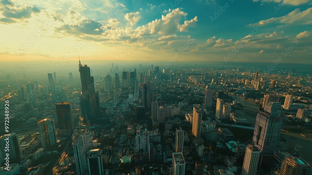 Fototapeta premium Bangkok skyline as seen from the sky, with skyscrapers punctuating the horizon in this
