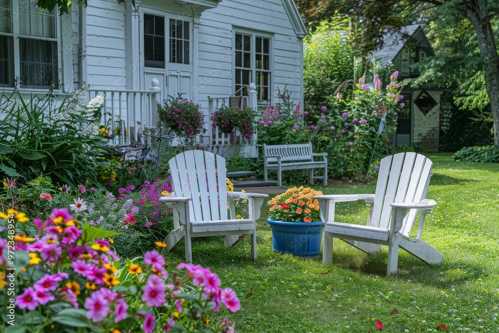 Relaxing Backyard Scene with Two White Adirondack Chairs, Colorful Flowers, a Blue Pot with Petunias and Daisies, and a Wooden Garden Bench Relaxing Backyard Scene with Two White Adirondack Chairs, Colorful Flowers, a Blue Pot with Petunias and Daisies, and a Wooden Garden Bench