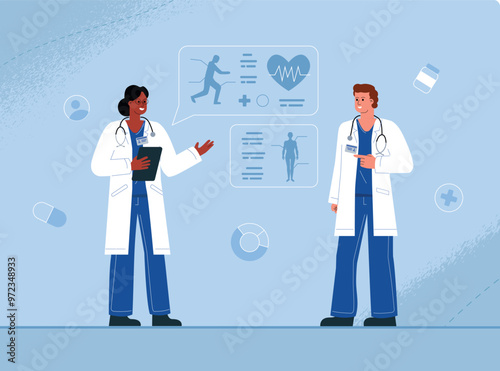 Two doctors are discussing a patient's diagnostic case. The concept of a medical collaboration of colleagues.