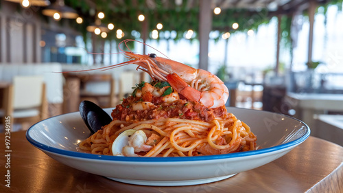 Wallpaper Mural A gourmet seafood spaghetti bolognese topped with shrimp and mussels, served on an elegant plate in a cozy restaurant setting in the background.  Torontodigital.ca