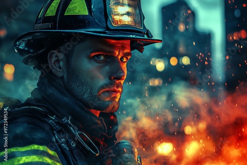 A heroic firefighter stands confidently in his gear, surrounded by a burning dystopian cityscape, smoke rising, vivid colors reflecting in his determined eyes, photorealistic style