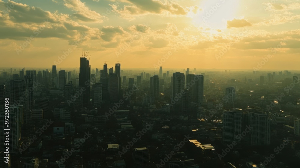 Fototapeta premium Bangkok's cityscape from the air, where sleek skyscrapers dominate the skyline against
