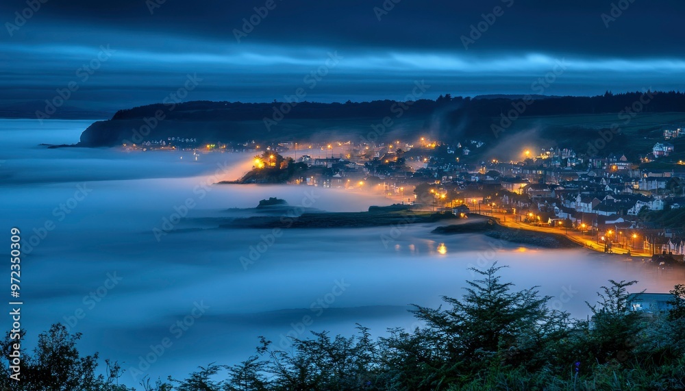 Coastal Town Bathed in Fog and Moonlight Coastal Town Bathed in Fog and Moonlight