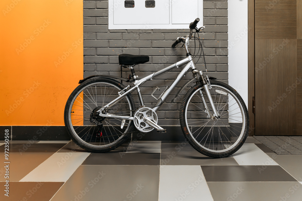 bicycle on the stairwell of an apartment building bicycle on the stairwell of an apartment building