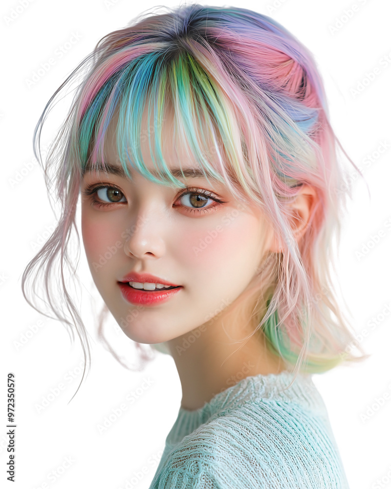 Naklejka premium A young woman with colorful hair, wearing a casual outfit 