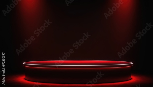 Black podium with red trim on a dark background with neon light5 photo