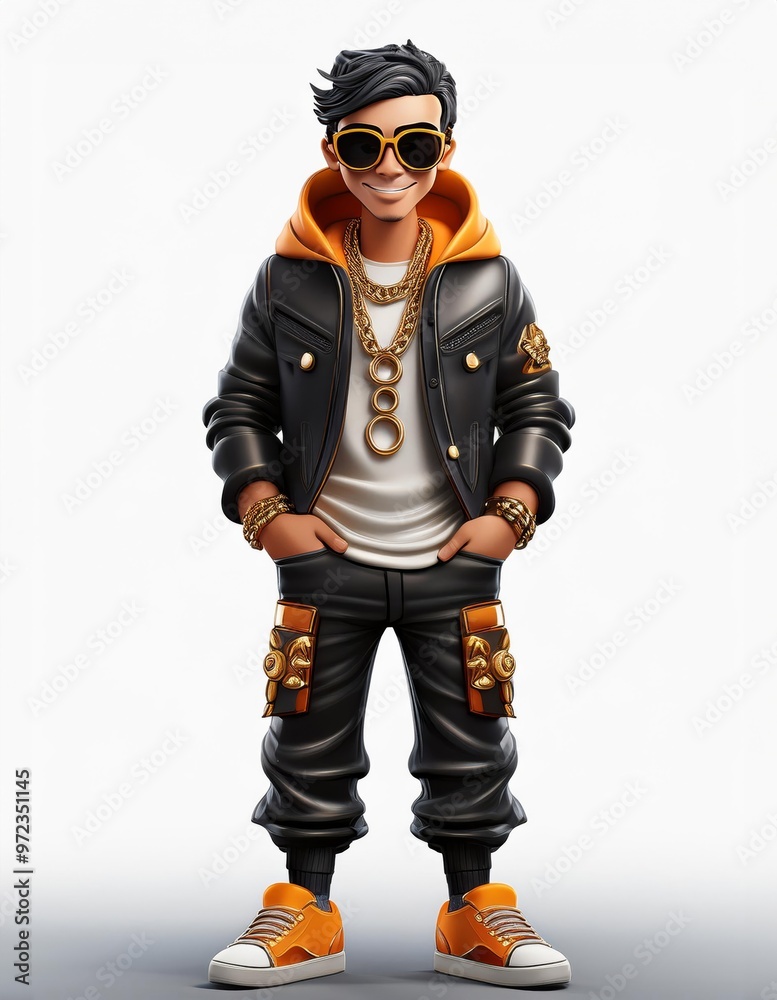 A stylish cartoon character sporting urban fashion with sunglasses, gold chains, and a trendy outfit, showcasing hip hop culture. A stylish cartoon character sporting urban fashion with sunglasses, gold chains, and a trendy outfit, showcasing hip hop culture.