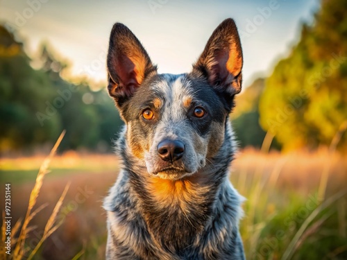 A curious blue heeler dog with intense brown eyes and erect ears stands alertly in a sun-drenched rural photo