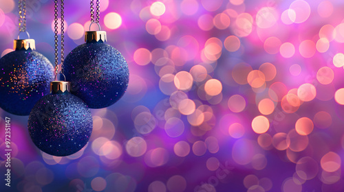 Three Christmas ornaments hanging against a sparkling purple and pink bokeh background