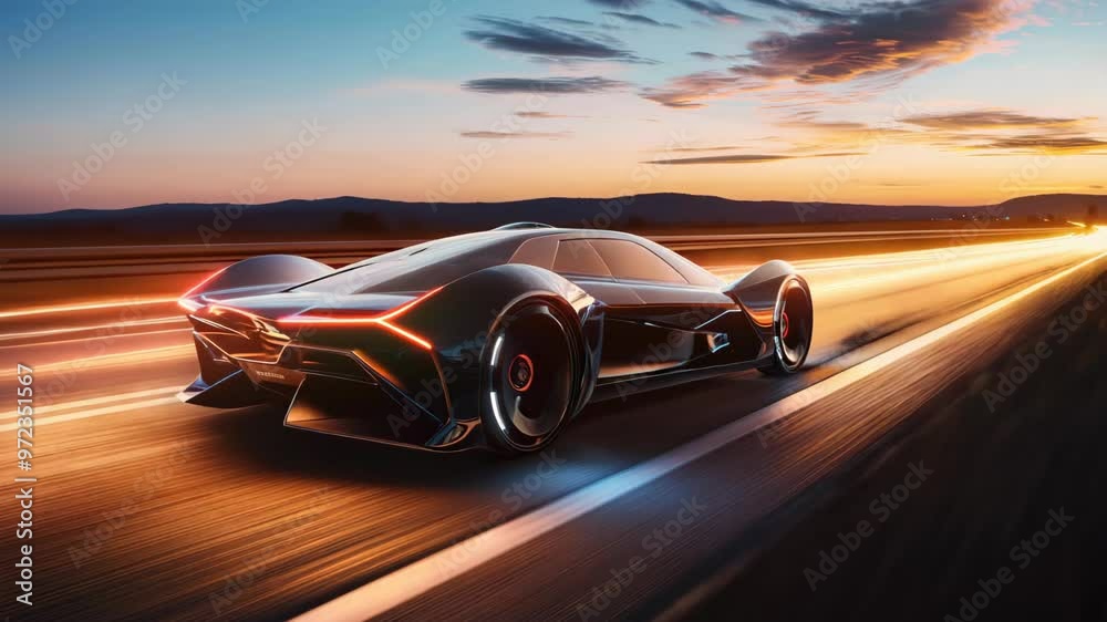 A striking racing car accelerates along a highway at sunset, revealing its sleek profile and illuminated details against the twilight sky A striking racing car accelerates along a highway at sunset, revealing its sleek profile and illuminated details against the twilight sky