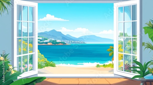 9. Views from cozy homes. Look out from open windows set. Beautiful nature and city landscapes, sea beach, countryside, field, mountain outside, windowsills, tables inside. Flat vector illustrations.