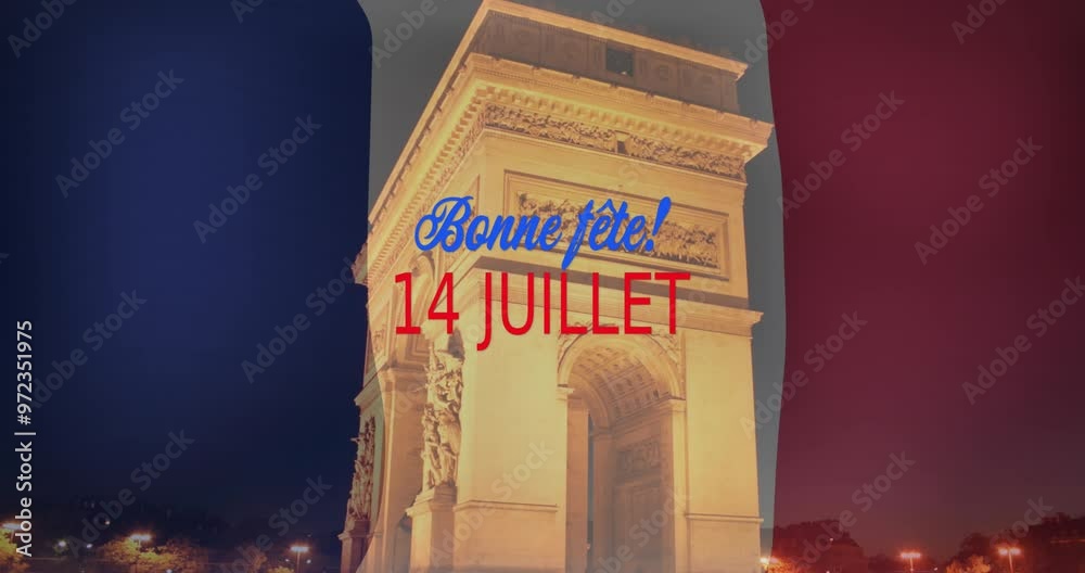 Animation of bonne fete du 14 juillet text with french flag and paris background