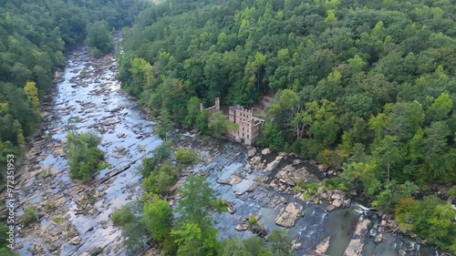 Aerial shot pushing in on The New Manchester Mill Ruins along Sweetwater Creek outside of Atlanta. photo