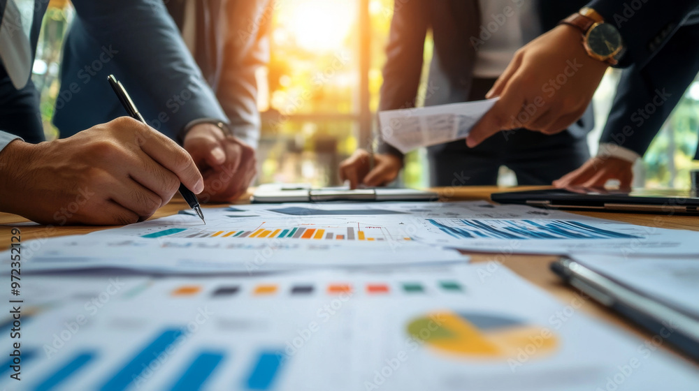 Business professionals discussing data charts and graphs on a table Business professionals discussing data charts and graphs on a table