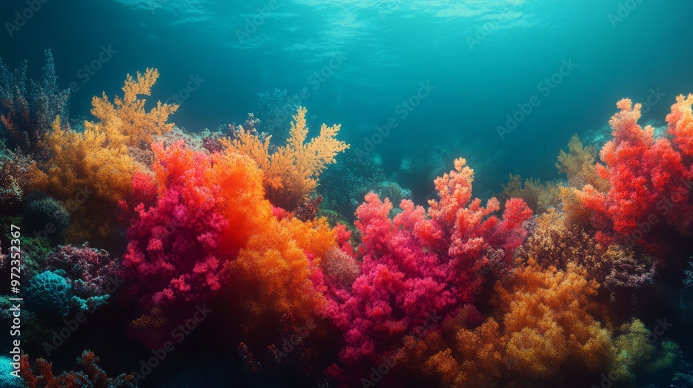 Obraz premium Heatmap of a coral reef, with intense reds and oranges indicating areas of high biodiversity and cooler tones in less vibrant regions. 4K hyperrealistic photo.
