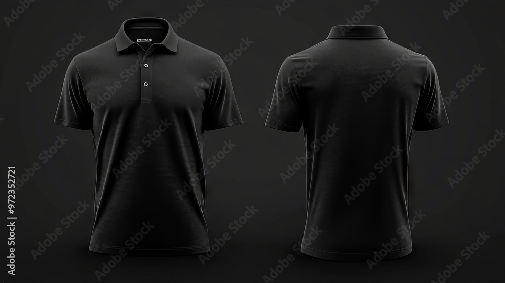 A sleek black polo shirt displayed from both front and back views against a dark background, highlighting its minimalist design and texture.
A sleek black polo shirt displayed from both front and back views against a dark background, highlighting its minimalist design and texture.