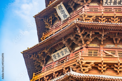 Beautiful view of the wooden pagoda in Ying County, Shuozhou City, Shanxi Province, China