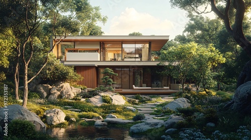 29. Architecture 3D rendering illustration of the modern house with a natural landscape. Realistic 3D depiction of a modern home nestled within a beautiful natural landscape, showcasing eco-friendly
