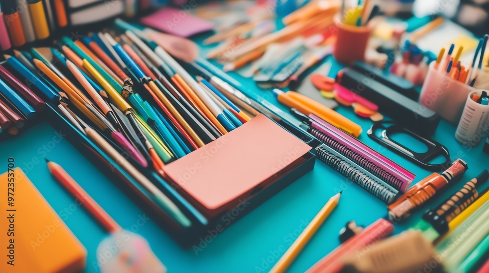 Fototapeta premium Colorful pencils, pens, markers, and other school supplies on a blue desk.