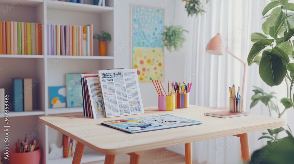 Bright wooden desk with a white bookcase, newspaper laid out with vibrant cartoon