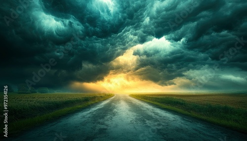 A Country Road Disappears Into a Dark Stormy Sky