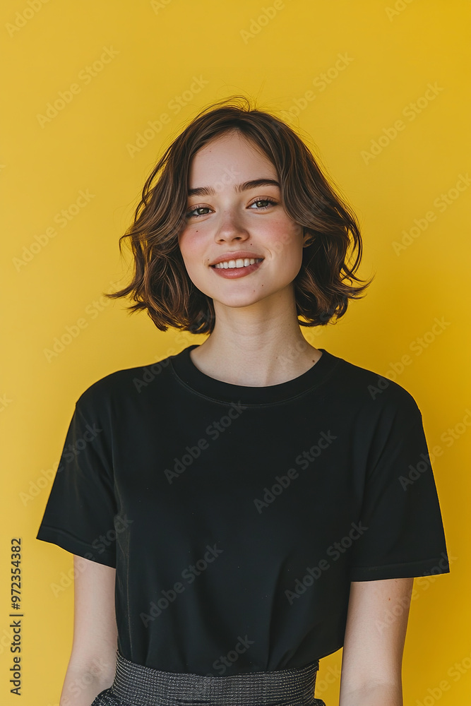 A 25-year-old woman wearing a black oversized t-shirt and a skirt, showcasing a beautiful smile A 25-year-old woman wearing a black oversized t-shirt and a skirt, showcasing a beautiful smile