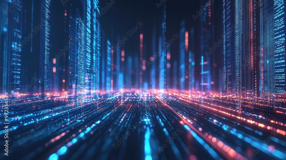 Futuristic cityscape with glowing blue and red lights, resembling data streams, creates a sense of speed and dynamism.