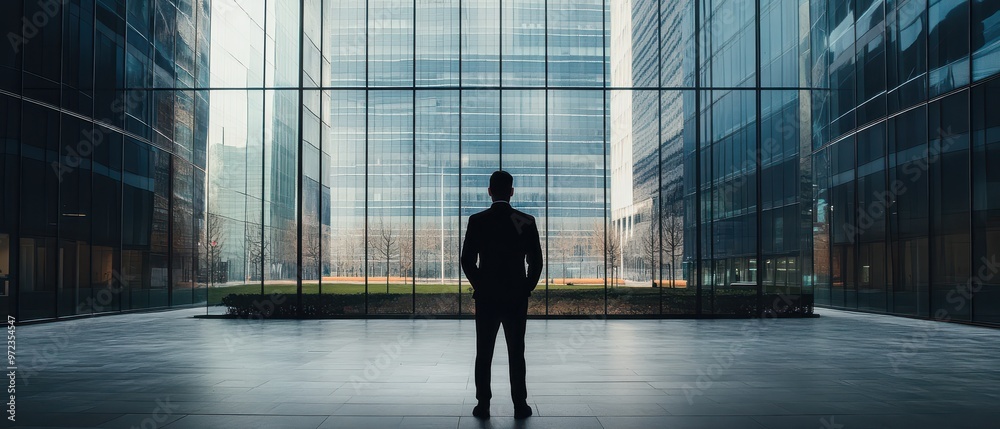 Fototapeta premium Real estate agent standing in front of empty office buildings, commercial real estate collapse, business closures