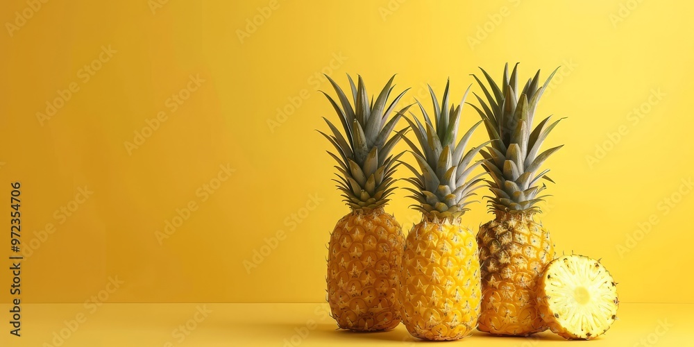Symbolizing Family with Three Pineapples on a Bright Yellow Backdrop - Concept of Togetherness and Family Themes Symbolizing Family with Three Pineapples on a Bright Yellow Backdrop - Concept of Togetherness and Family Themes