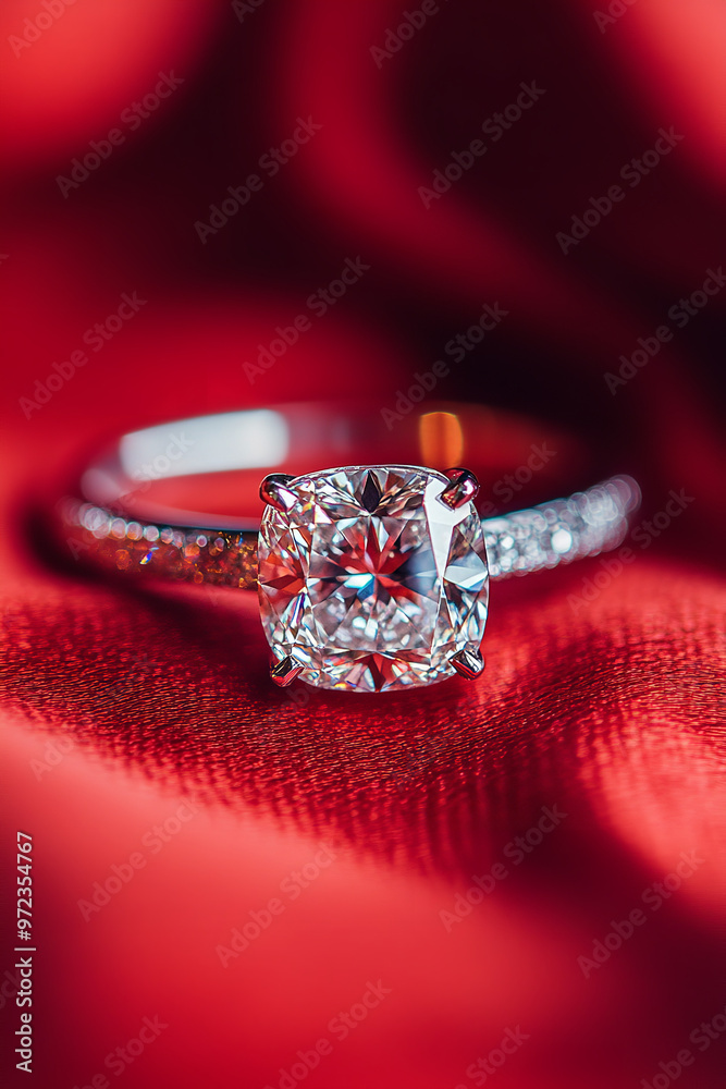 A close-up of a stunning diamond engagement ring with a cushion cut, displayed prominently against a sophisticated backdrop A close-up of a stunning diamond engagement ring with a cushion cut, displayed prominently against a sophisticated backdrop