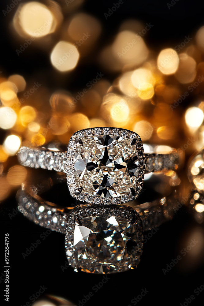 A close-up of a stunning diamond engagement ring with a cushion cut, displayed prominently against a sophisticated backdrop A close-up of a stunning diamond engagement ring with a cushion cut, displayed prominently against a sophisticated backdrop