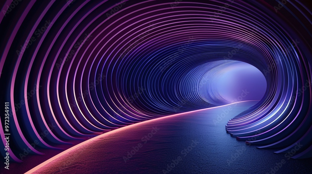 Obraz premium A futuristic tunnel featuring vibrant purple and blue lights, creating an immersive and surreal atmosphere.