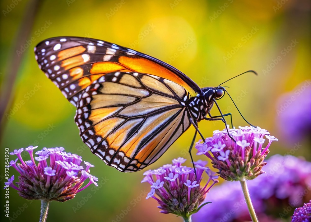 A delicate, orange-winged monarch butterfly perches on a soft, velvety purple flower, its intricate patterns and colors A delicate, orange-winged monarch butterfly perches on a soft, velvety purple flower, its intricate patterns and colors