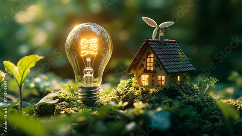 59. Light bulb illuminated with a tiny windmill and eco-friendly house inside, placed on a lush green background, showcasing renewable energy solutions photo